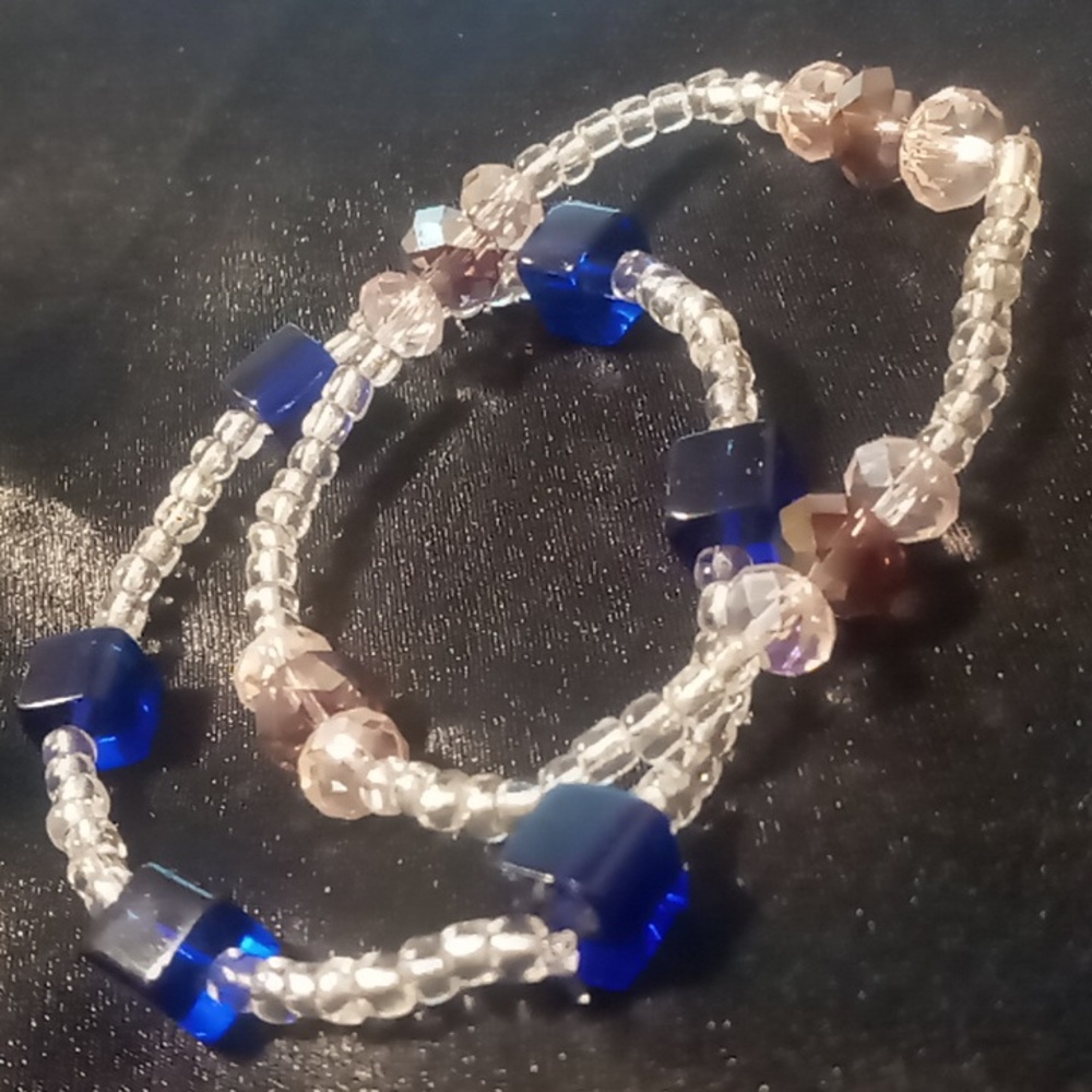 Glass beaded expandable bracelets 2 blue square opalescent crystal cut .